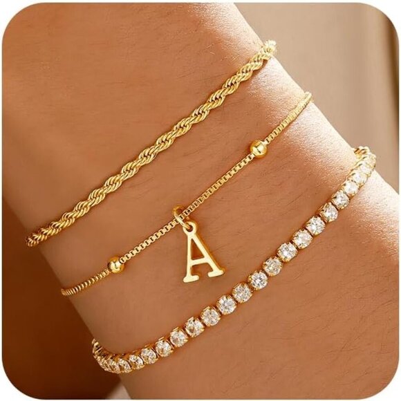 Gold Bracelets Set Women Girls Personalized Initial Tennis Rope Stack Jewelry - Picture 1 of 7